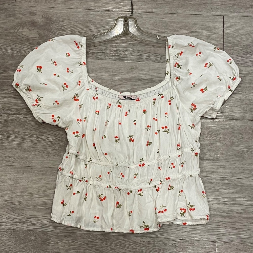 Womens Floral Top CottageCore Y2K Babydoll Peasant XL White Puff Sleeves
